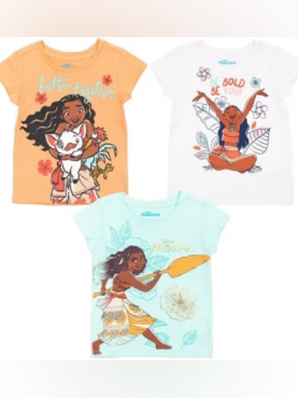 Disney Moana Girls' Graphic Tee - Orange, White, Mint (3-Pack)